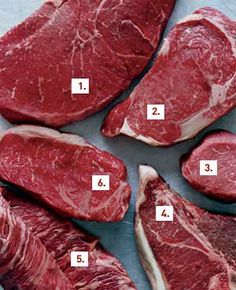 four pieces of raw meat are shown with the numbers on them