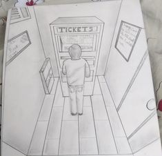 a drawing of a person standing in front of a ticket machine with the word tickets written on it