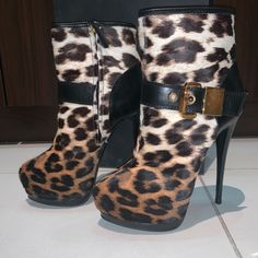 100% Authentic, Worn Once Only, Super Comfortable Leopard Print Round Toe Boots For Party, Leopard Print Boots With Round Toe For Party, Leopard Print Leather Boots For Party, Brown Closed Toe Party Booties, Brown Closed Toe Booties For Party, Party Brown Boots With Buckle Closure, Chic High Heel Leopard Print Boots, Brown High Heel Booties For Party, Chic Leopard Print High Heel Boots