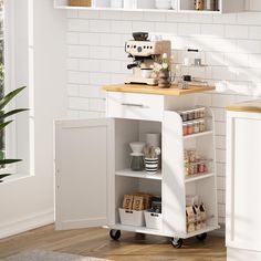 a kitchen cart with food on it in front of a white wall and wooden floor