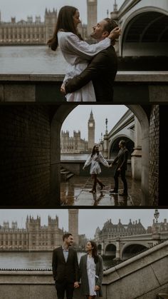 a man and woman standing in front of the big ben clock tower, holding hands