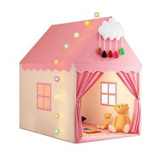 a pink toy house with a teddy bear in the corner and lights on it's roof