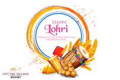 happy lohrii festival with musical instruments and firecrackers on white background