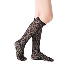 Upgrade your fashion game with the Vivienne Floral Lace Ruffle Edge Knee-High Sock in black. The delicate floral lace pattern and elastic ruffle band not only offer a feminine touch, but also ensure a secure and reliable fit. Made with a strong blend of nylon and spandex, these socks seamlessly blend style and comfort. *Due to their delicate nature, wear and handle with care to avoid rips and runs. Contents + Care Breathable Material: 70% nylon, 30% spandex Black colorway Pattern: floral Importe Lace Socks With Boots, Black Socks With Lace Trim For Spring, Black Lace Trim Legwear For Party, Party Black Legwear With Lace Trim, Black Party Legwear With Lace Trim, Fitted Black Socks With Lace Trim, Black Lace Fitted Hosiery, Black Lace Stockings With Lace Trim, Stretch Black Stockings With Lace Trim