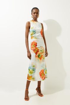 Feel Elegant In Our Midi Dress, With A Universally Flattering Silhouette, A Vibrant Floral Print, And A Long Skirt That Creates Flowing Movement, Perfect For Getting A Little Dressed Up. Style This Dress With Strappy Heels For An Outfit That Will Turn Heads From Wedding Guest Days To Holiday Evenings. Abstract Floral Printed Jersey Crepe Midi Dress High Quality Jersey Fabric Vibrant, Floral Print Relaxed, Flowing Skirt Flattering Fit And Flare Silhouette Midi Length Jersey Midi Dress, Crepe Dress Casual, Printed Crepe Dress, Capsule Wardrobe Dresses, Crepe Maxi Dress, Latest Maxi Dresses, Black Pencil Dress, Crepe Midi Dress, Ibiza Outfits