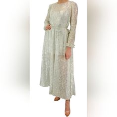 Large Nwt High End Designer Sparkling Lace Gown White Long Sleeve Maxi Dress For Gala, White Luxury Maxi Dress For Gala, Luxury White Maxi Dress For Gala, Luxury White Maxi Gown, White Lace Dress For Spring Gala, White Lace Elegant Maxi Dress, White Elegant Lace Dress For Gala, Glamorous White Lace Evening Dress, Elegant White Lace Dress For Gala