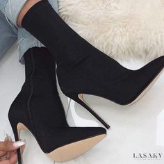 Lasaky - Sleek Pointed-Toe Side Zip Stiletto Heeled Suede Boots - Black Hak Tinggi, Womens Black Booties, High Heeled Boots, Socks And Heels, Black Heel Boots, Black Suede Boots, High Heels Stilettos, On The Floor, Black Booties