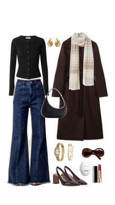 Outfit with dark blue jeans, a brown long coat , black cardigan, white and beige scarf, black bag and sunglasses and watch for accessories. Royal High Outfits Ideas Cheap, Outfit 90s, Paris Outfits, Lookbook Outfits, Outfit Idea, Gold Details, Modest Outfits, Fall And Winter, Pretty Outfits