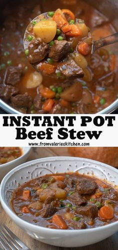 instant pot beef stew in a white bowl with a spoon