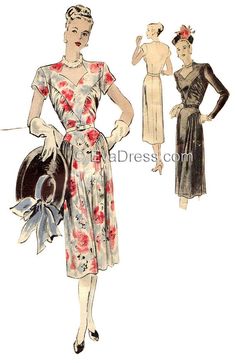 1947 Dress Pattern by Evadress - Etsy Kimono Blouse Pattern, 1940s Women, Evening Dress Patterns, 1960s Outfits, Kimono Blouse, Frock Patterns, Fur Coat Vintage, Vogue Dress, Glendale Az