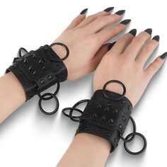 Faux Leather Spike Wrist Cuffs Bracelets. Comes In A Pair. Featuring A Center Studded Metal Plate. Large D And O Rings. Flat Round Studded Details. Adjustable Buckle Closure. Styles: Gothic Punk Festival Goth Aries Bracelet, Spiked Jewelry, Leather Wrist Cuff, Alternative Shoes, Spike Bracelet, Festival Shoes, Brighton Bracelets, Wrist Accessories, Punk Boots