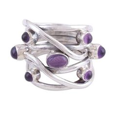 Sterling silver ribbons create an intertwining pattern around the finger in this cocktail ring by Parul in India. She chooses seven cabochons of elegant purple amethyst to adorn the front of the elaborate ring. Party Cabochon Jewelry, Elegant Stackable Adjustable Amethyst Ring, Silver Cabochon Amethyst Ring, Adjustable Purple Rings For Party, Elegant Silver Stackable Amethyst Ring, Adjustable Purple Cabochon Ring, Amethyst Cocktail Ring, Opening A Boutique, Gem Necklace