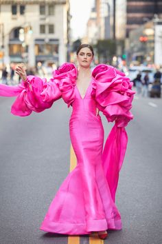 Low v neck satin mermaid gown with oversized 3d dramatic sleeves Satin Mermaid Gown, Barbie Vibes, Pink Clothes, Dramatic Sleeves, Pink Passion, Oversize Sleeves, Red Carpet Ready, Statement Sleeves, Column Gown