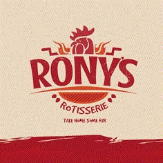 the logo for rony's rotissee, take home some roti