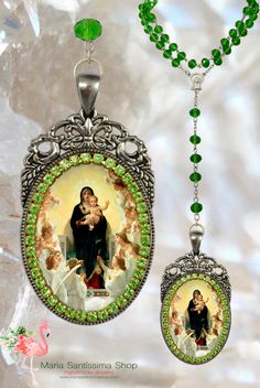 Queen of Angels our Lady Rosary Handmade Necklace Catholic - Etsy UK Spiritual Jewelry With Miraculous Medal As Gift, Mother's Day Spiritual Rosary, Handmade Green Rosary As A Gift, Spiritual Crucifix Rosary As Gift, Queen Of Angels, Patron Saints, Pink Rhinestones, Religious Jewelry, Handmade Necklace