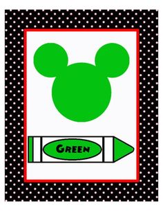 a mickey mouse head with green crayons on it's face and the word,