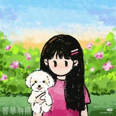 a drawing of a girl holding a white dog in her arms and looking at the camera