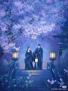 two people standing on a bridge in front of trees with purple flowers and lantern lights