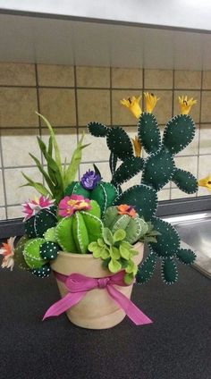 a potted plant sitting on top of a kitchen counter