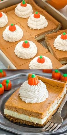 pumpkin cheesecake with whipped cream on top in a pan and then topped with frosting