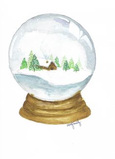 a watercolor drawing of a snow globe with trees in the snow and a house inside