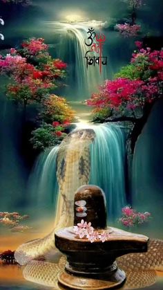 an artistic painting of a waterfall and flowers