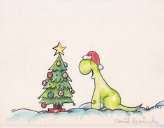 a drawing of a dinosaur next to a christmas tree with a star on its head