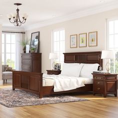 a bedroom scene with focus on the bed and dresser