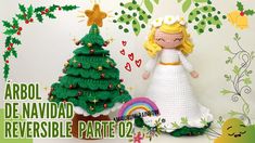 a crocheted christmas tree next to an ornament with a blonde haired girl