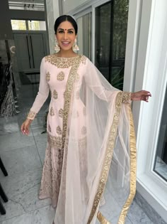 Airy | Light Pink Sharara Suit – Raji Khaira Official Light Pink Sharara, Pink Indian Suit, Pink Sharara Suit, Full Sleeves Top, Pink Sharara, Embroidered Sharara