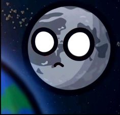 an animated image of the moon with two eyes on it's face in front of a blue and green background