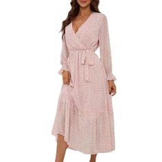 Pink Floral Print V Neck Long Sleeve Swing Dress Pink Chiffon Dress For Fall, Feminine Fall Dress With Surplice Neckline, Pink Long Sleeve Chiffon Midi Dress, Pink Chiffon Long Sleeve Midi Dress, Feminine V-neck Winter Dress, Feminine Fall Chiffon Midi Dress, Spring Pink Midi Dress With Surplice Neckline, Feminine Chiffon Midi Dress For Fall, Pink Midi Dress With Surplice Neckline For Spring