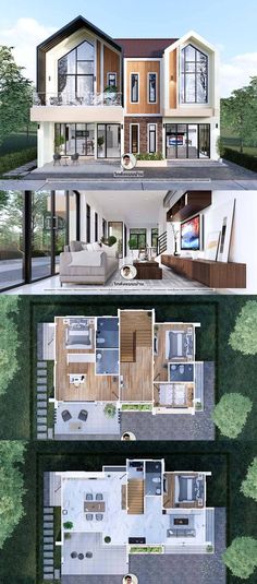 two story house plans with different levels and floor plans for each room in the house