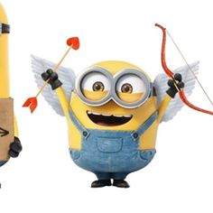 two minion characters with bows and arrows, one holding a paper bag while the other is wearing overalls