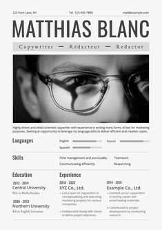 a professional resume with glasses on it