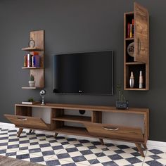 an entertainment center with bookshelves and a flat screen tv mounted on the wall