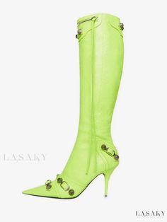 Lasaky - Timeless Elegance: Womens Knee High Boots with Pointed Toe, Stiletto Skinny Heels, Stud Accents, and Vintage Buckle Detailing Elegant Green Boots For Party, Elegant Fitted Green Boots, Green Boots For Evening In Spring, Green Evening Boots For Spring, Short Sleeve Bridesmaid Dress, Pu Boots, Knee Length Boots, Stiletto Boots, Boots High