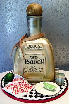 an image of a bottle on a plate with other items around it and the caption reads, happy birthday harry potter