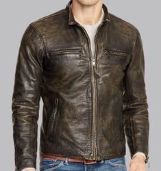 Rugged Distressed Brown Leather Jacket For Biker Events, Ralph Lauren Cafe, Rugged Distressed Brown Leather Jacket With Pockets, Rugged Brown Outerwear For Motorcycling, Rugged Distressed Brown Leather Biker Jacket, Brown Leather Motorcycling Outerwear, Cafe Racer Leather Jacket, Distressed Leather Jacket