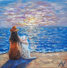 a painting of a woman sitting on a bench looking out at the ocean with her dog