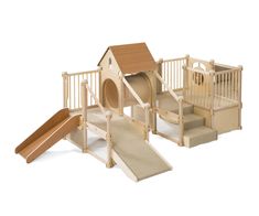 a wooden play set with stairs, slide and dog house on the top right hand side