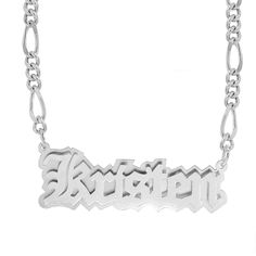 Sterling Silver / Figaro Chain Double Plated Nameplate Necklace "Kristen" With Figaro Chain Silver Customizable Nameplate Necklace, Silver Custom Nameplate Necklace, Silver Nameplate Custom Necklace, Custom Name Silver Necklaces, Silver Figaro Chain Nameplate Necklace, Anniversary Silver Name Necklace With Figaro Chain, Custom Silver Nameplate Necklace, Silver Anniversary Name Necklace, Engraved Metal Name Necklace For Personalized Gift