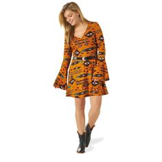 Perfect For Dressing Up, The Women's Wrangler Retro Peekaboo Back Southwestern Dress Brings A Colourful Vibe To Any Occasion. It Features A Flattering V-Neckline, Bell Sleeves, And A Keyhole Back With A Button Closure. This Western-Chic Dress Is Also Crafted For Comfort And Long-Lasting Softness. You Can Easily Accessorize This Free-Spirited Dress With A Favourite Belt And Cowgirl Boots. Features: Fit: Regular Waist: Elastic Neckline: V-Neck Sleeve Length: Long Sleeve: Bell Keyhole Back Length: Short Uggs, Aztec Print Dress, Western Boots For Men, Western Chic, Jumpsuit Jacket, Retro Women, Aztec Print, Cowgirl Boots, Chic Dress