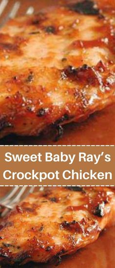 sweet baby ray's crockpot chicken is shown in two different photos, one with