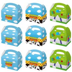 a set of six birthday party boxes with cars and clouds on the side, each in different colors