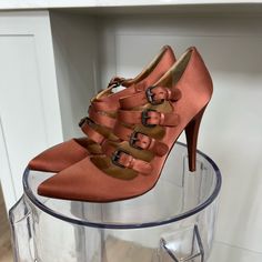 J. Crew Adriana Heels - Never Worn Silk Satin In Roasted Chestnut Color - A Perfect Sunset Mauve Color Tone Size 10 Made In Italy 4 1/8” Heel Antiqued Silver Buckles Perfect Sunset, Chestnut Color, Satin Heels, Mauve Color, Color Tone, Colour Tone, Silk Satin, Chestnut, Shoes Women Heels