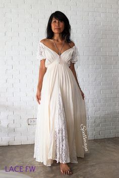 Summer Maxi Dress With Lace Trim For Bridesmaids, Summer Bridesmaid Maxi Dress With Lace Trim, Flowy Lace Boho Maxi Dress, Flowy Bohemian Dress With Empire Waist, Flowy Lace Boho Dress In Maxi Length, Lace Maxi Dress For Beach Wedding, Summer Wedding Maxi Dress With Empire Waist, Bohemian Maxi Dress With Empire Waist For Garden Party, Cream Boho Maxi Dress For Festival