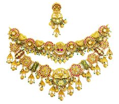 Festival Meenakari Temple Necklace Choker, Ornate 22k Yellow Gold Kundan Necklace, Navratri Yellow Gold Meenakari Temple Necklace, Gold Meenakari Ornate Jewelry Sets, Ceremonial Meenakari Choker Jewelry Sets