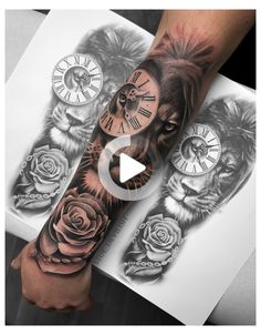 a man's arm with tattoos on it and roses in the middle, while he is