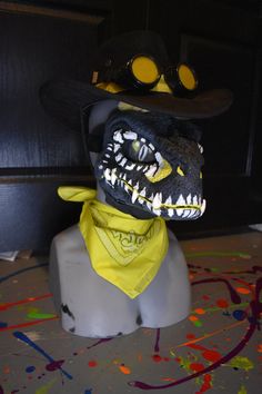 Smile. Always. :) This is an old Smiler-inspired Dino mask I made two years ago. In great condition! Comes with a Cowboy hat, yellow colored goggles, yellow bandana, and hand-spun Lasso Yellow foam is yellow due to oxidation within the foam, it is not mold and just a color change within the said foam. There is a broken-off portion of the mask on the back left of the mask, but that can easily be fixed with some paint if the buyer chooses to fix it themself. Clown Dino Mask, Dino Mask Eyes Ideas, Dino Masks, Dino Mask Inspiration, Dino Mask Premade, Dino Mask, The Smiler, Furred Dino Mask, Adult Costumes